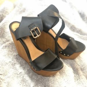 Platform Black Leather Wedges